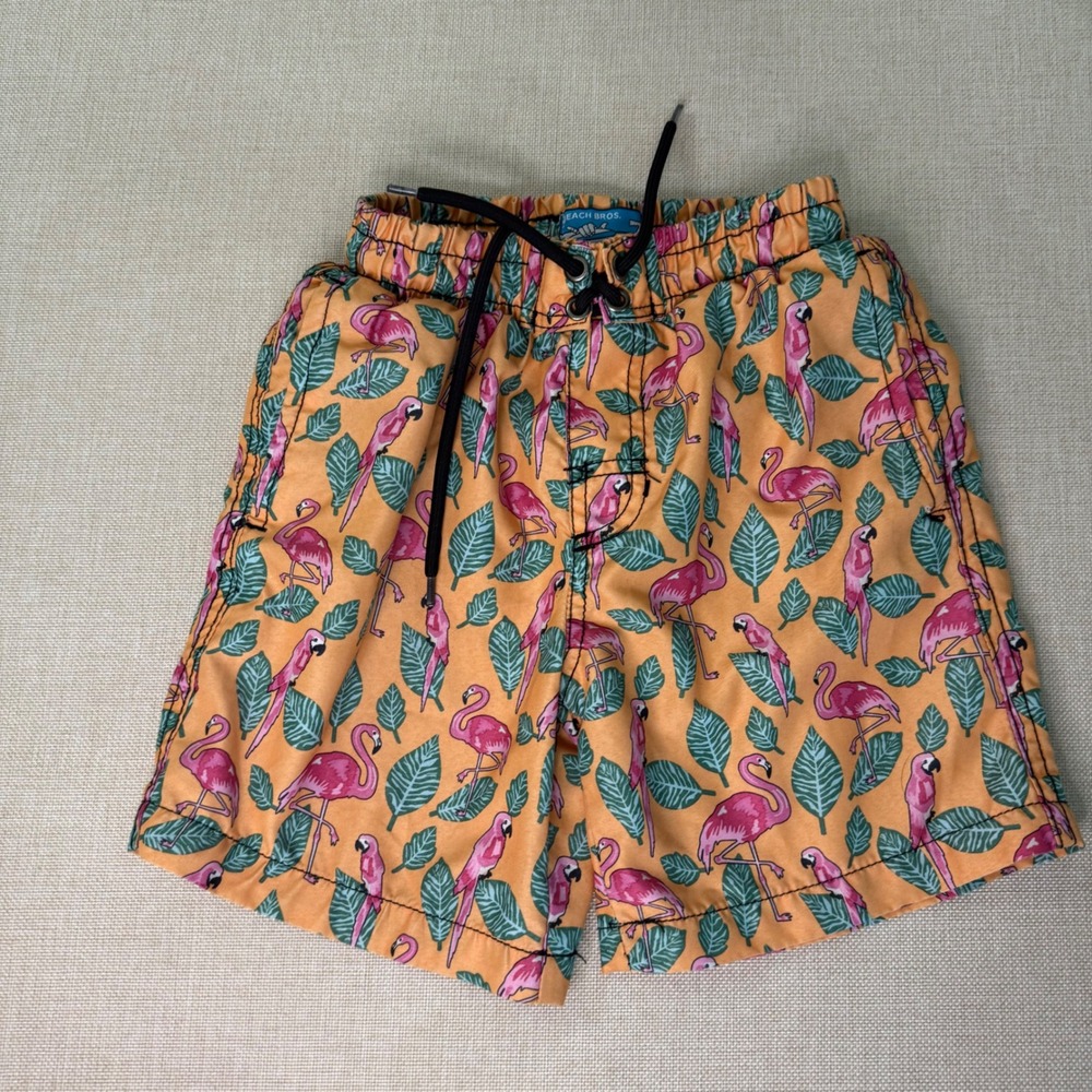 Beach Bros Boys Orange Flamingo Tropical Print Swim Trunks Size 7 Board Shorts